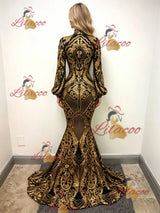 Gold Mermaid Sequins Long Sleeve Prom Dress