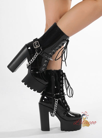Punk Rivet Belt Buckle Thick Heel Boots