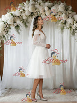 White Tulle Long Sleeve Short Wedding Dress