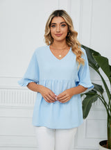 Solid Color V-neck Loose Stitching Chiffon Top