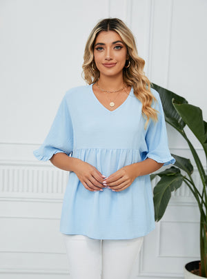 Solid Color V-neck Loose Stitching Chiffon Top