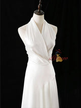 White Satin Halter Backless Wedding Dress
