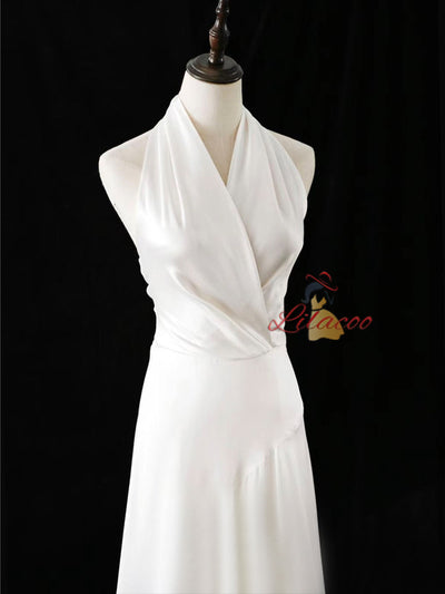 White Satin Halter Backless Wedding Dress