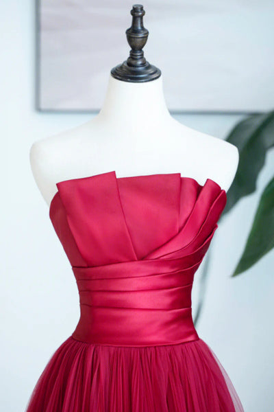 Burgundy Satin Tulle Strapless Pleats Prom Dress