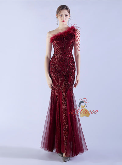 Mermaid Sequins One Shoulder Beading Prom Dress