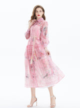 Retro Long Sleeve Lapel Printed Shirt Dress