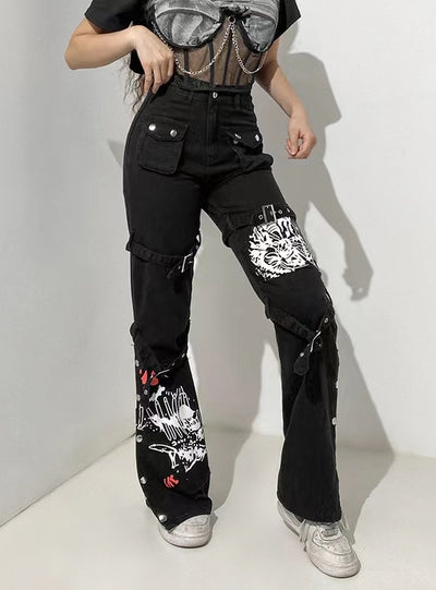 Printed Metal Button Denim Pant
