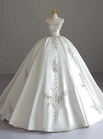 White Ball Gown Satin Beading Strapless Wedding Dress
