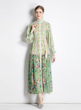 Long-sleeved Retro Lantern Sleeve Printed Dress