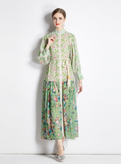 Long-sleeved Retro Lantern Sleeve Printed Dress