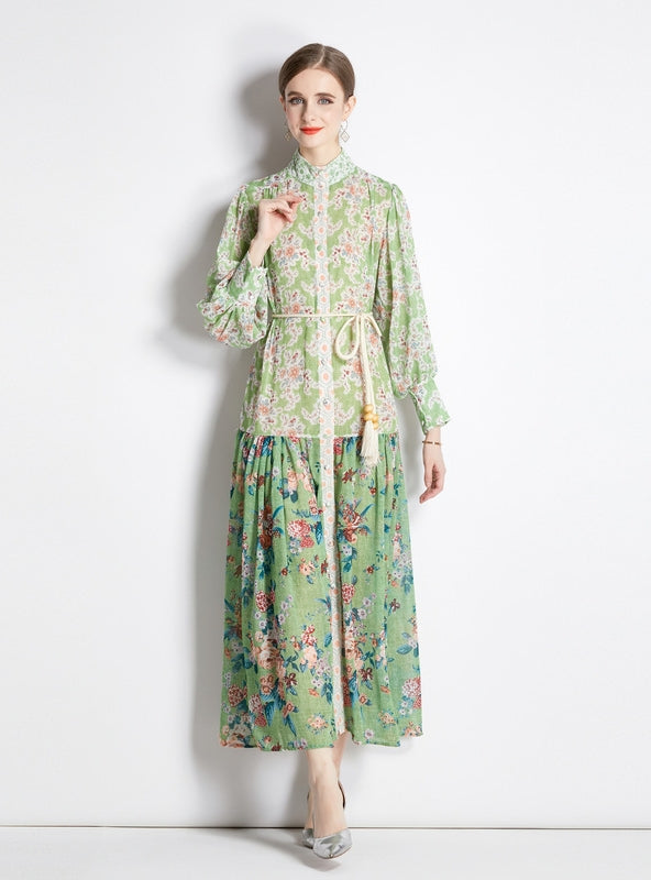 Long-sleeved Retro Lantern Sleeve Printed Dress