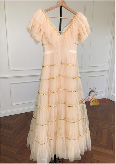 Champagne Tulle V-neck Prom Dress