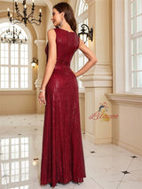 Burgundy Sequins V-neck Prom Dress