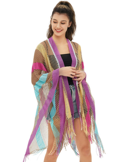 Rainbow Stripe Summer Sunscreen Thin Hollow Shawl