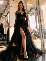 Black Tulle V-neck Long Sleeve Prom Dress