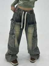 Elastic Waist Drawstring Straight Loose Jeans