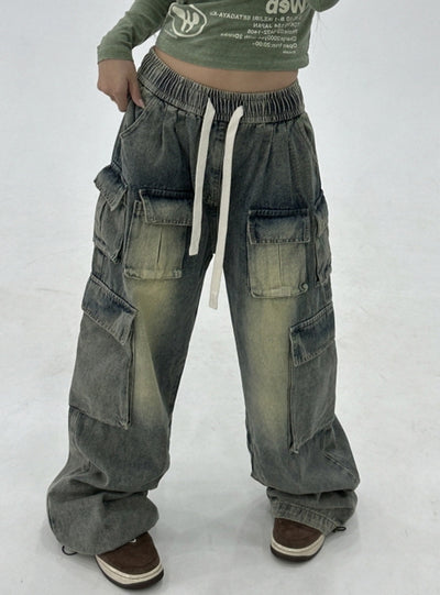 Elastic Waist Drawstring Straight Loose Jeans