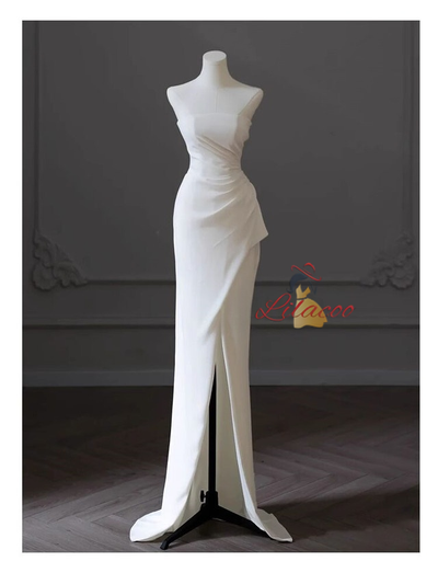 White Mermaid Strapless Pleats Split Wedding Dress