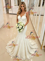 White Mermaid Lace Straps Wedding Dress