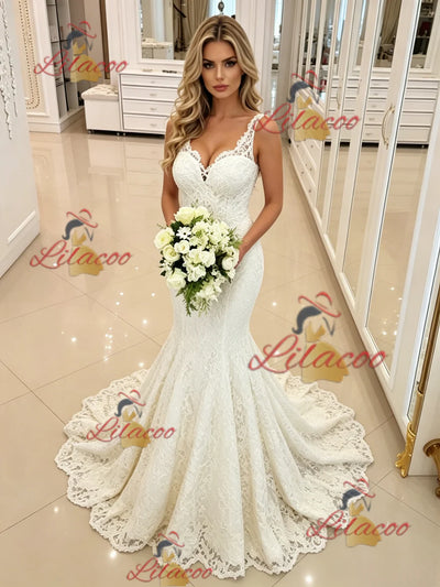 White Mermaid Lace Straps Wedding Dress