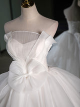 White Tulle Strapless Bow Pleats Wedding Dress