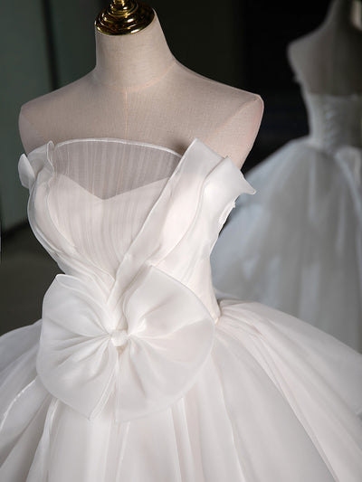 White Tulle Strapless Bow Pleats Wedding Dress