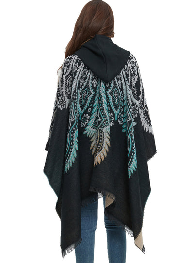Peacock Jacquard Cashmere-like Hooded Cloak Shawl