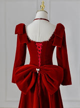 Burgundy Velvet Long Sleeve Bow Prom Dress