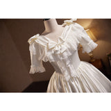 White Satin Lace Short Sleeve Bow Wedding Dress