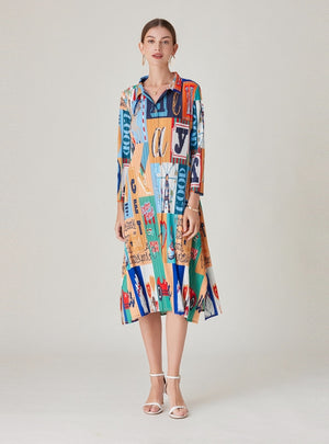 Printed Pleated Single-breasted Long Dress