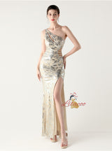 One Shoulder Mermaid Sequins Beading Prom Dress