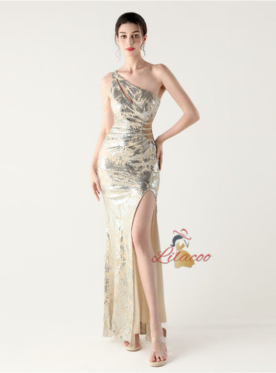 One Shoulder Mermaid Sequins Beading Prom Dress