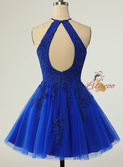 Royal Blue Tulle Halter Appliques Homecoming Dress