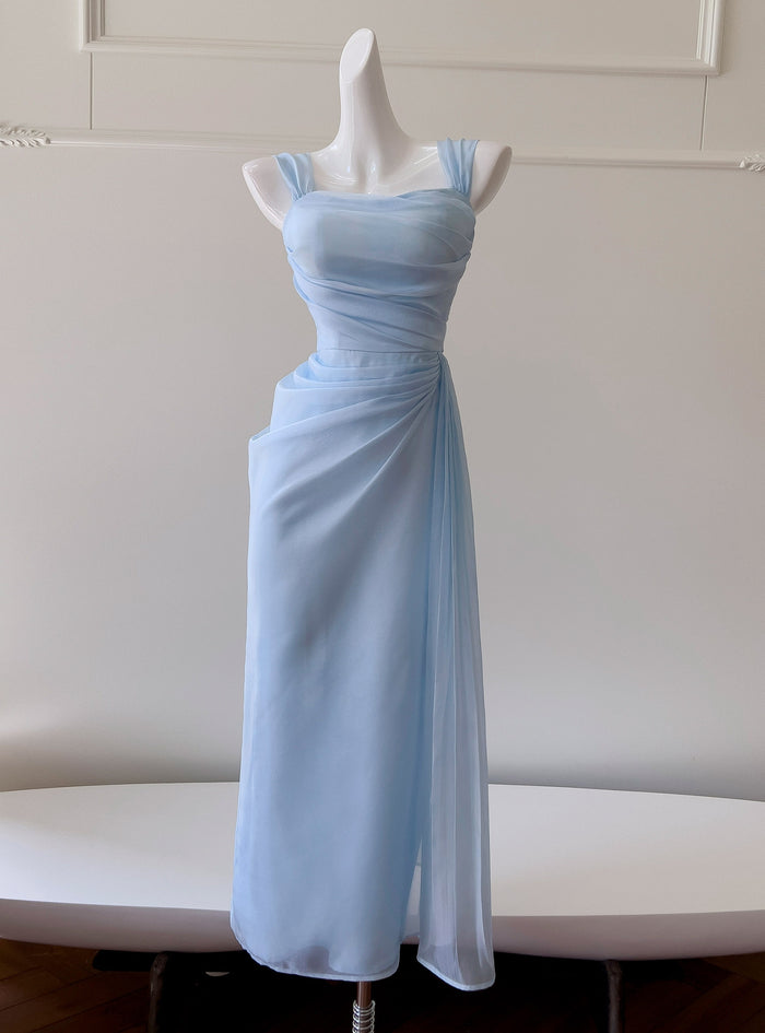 Women Blue Pleats Straps Dress