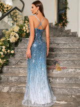 Blue Sequins Halter Split Prom Dress