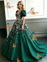 Green Tulle Puff Sleeve Appliques Prom Dress