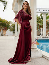 Burgundy Satin Sequins V-neck Prom Dress