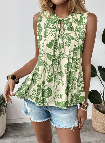 Printed Pleated Sleeveless Shirt