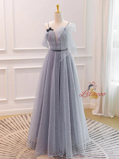 Gray Tulle Spaghetti Straps Pleats Prom Dress