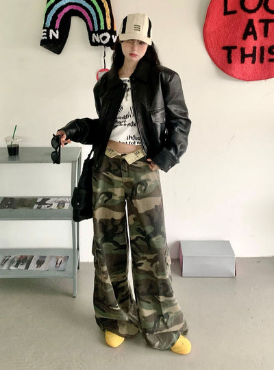 Camouflage Flanging Low Waist Straight Pants