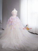 Ball Gown Strapless Tulle 3D Flower Wedding Dress