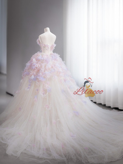 Ball Gown Strapless Tulle 3D Flower Wedding Dress