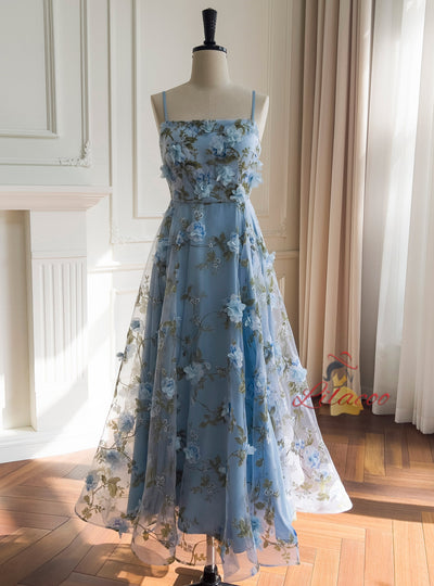 Blue Tulle Print 3D Flower Prom Dress