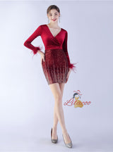 V-neck Sequins Long Sleeve Short Prom Dress