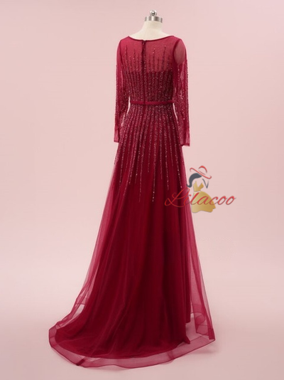 Burgundy Tulle Long Sleeve Beading Sequins Prom Dress