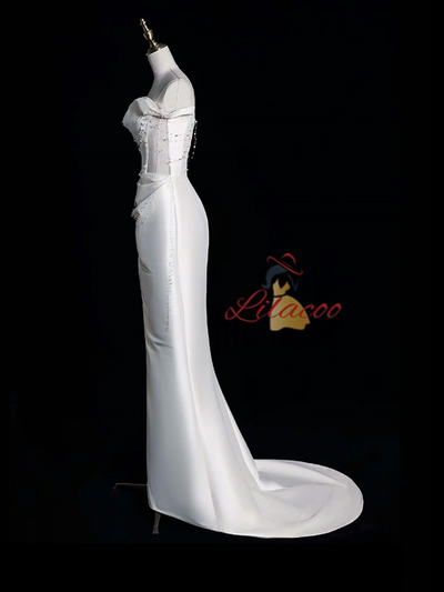 White Mermaid Satin Pleats Wedding Dress