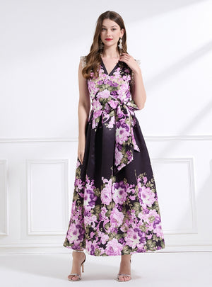 Retro Printed Sleeveless Lace Dress