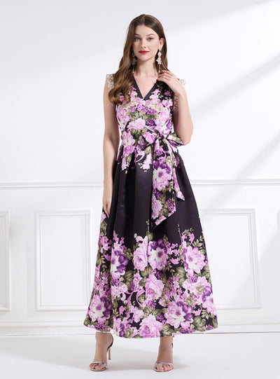 Retro Printed Sleeveless Lace Dress