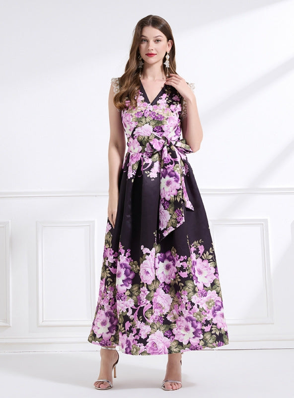 Retro Printed Sleeveless Lace Dress