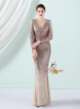 Long Sleeve V-neck Sequins Prom Dress